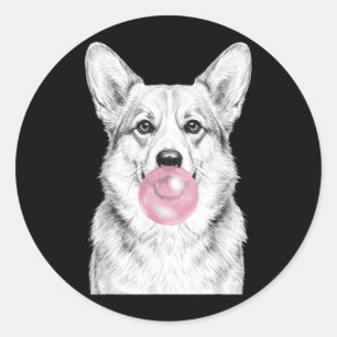 Sticker Rond Chien Corgi soufflant du bubble-gum rose Sch Art