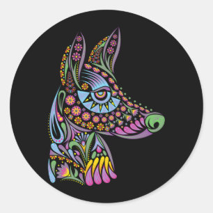 Sticker Rond Chien Crâne de Sucre Dia De Los Muertos Mignon Mex