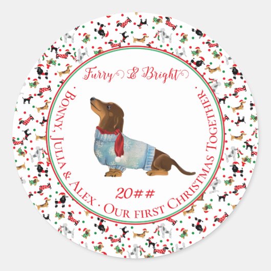Sticker Rond Chien Dachshund à travers neige Noël Feu brillant (Devant)