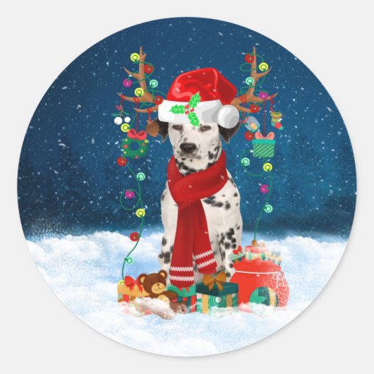 Sticker Rond Chien dalmate avec cadeaux de Noël (Devant)
