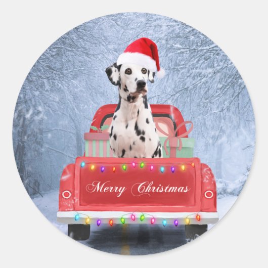 Sticker Rond Chien dalmate en neige assis dans un camion de Noë (Devant)