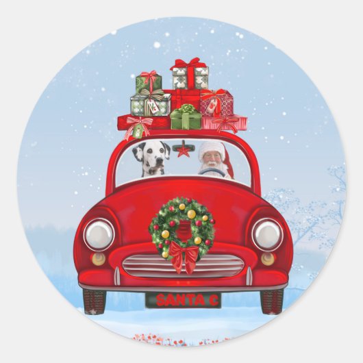 Sticker Rond Chien Dalmatien En Voiture Avec Le Père Noël (Devant)