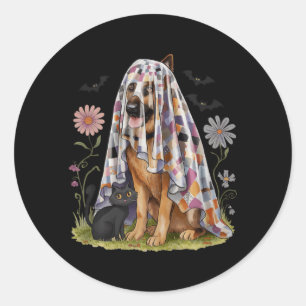 Sticker Rond Chien de berger allemand fantôme floral patchwork
