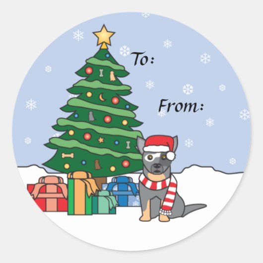 Sticker Rond Chien de bétail australien et arbre de Noël (Devant)