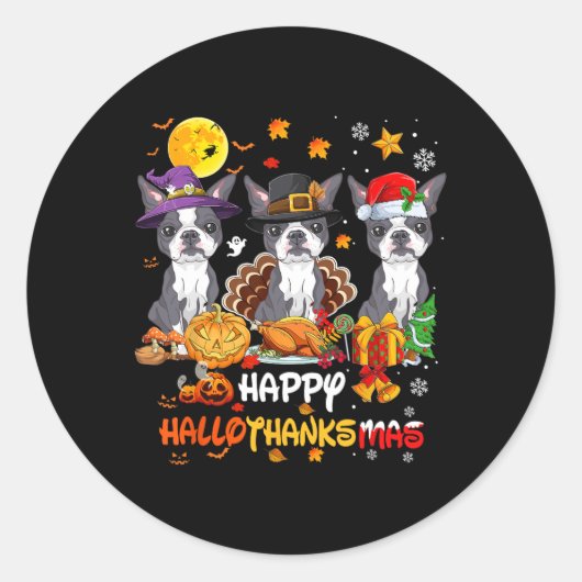 Sticker Rond Chien de Boston Terrier Happy Halloween Thanksgivi (Devant)