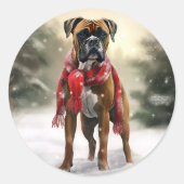 Sticker Rond Chien de boxe en Noël de neige (Devant)