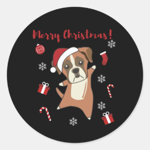 Sticker Rond Chien de boxe Noël Neige hiver Animaux Chiens Chie