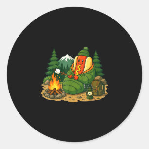 Sticker Rond Chien de camping drôle de hotdog de camping dessin