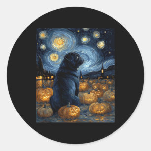 Sticker Rond Chien de Carlin noir van gogh nuit étoilée hallowe