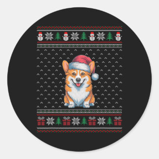 Sticker Rond Chien de Corgi portant le chapeau du Père Noël Amo