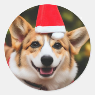 Sticker Rond Chien de Corgi souriant Noël fun