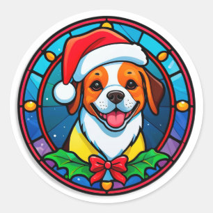 Sticker Rond Chien de dessin animé avec chapeau de Père Noël fe