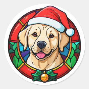 Sticker Rond Chien de dessin animé avec chapeau de Père Noël fe