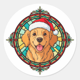 Sticker Rond Chien de dessin animé avec chapeau de Père Noël fe