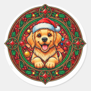 Sticker Rond Chien de dessin animé avec un chapeau de Père Noël