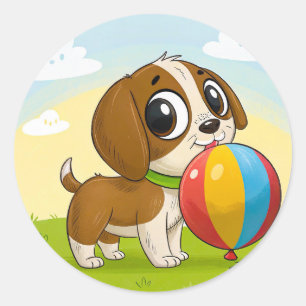 Sticker Rond Chien de dessin animé tenant un ballon coloré