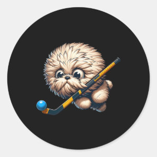 Sticker Rond Chien de hockey mignon avec bâton et balle Kawaii