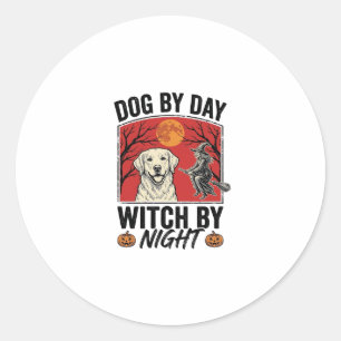 Sticker Rond Chien de Jour Sorcière de Nuit Vintage Halloween C