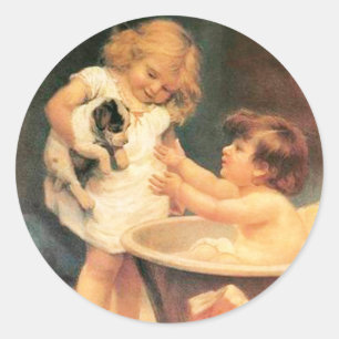 Sticker Rond Chien de manchon prenant un bain, style antique vi