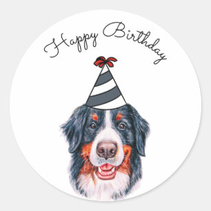 Sticker Rond Chien de montagne bernois avec Casquette de fête