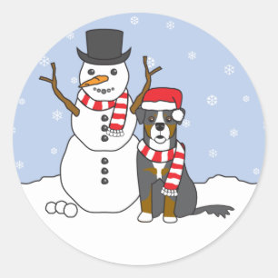 Sticker Rond Chien de Montagne bernois et Snowman