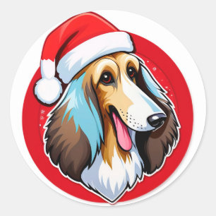 Sticker Rond Chien de Noël adorable avec un chapeau de Père Noë