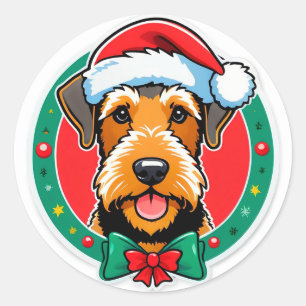 Sticker Rond Chien de Noël adorable avec un chapeau de Père Noë