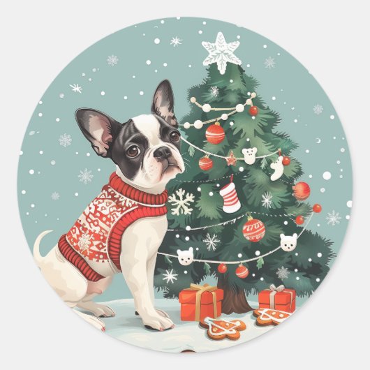 Sticker Rond Chien de Noël Boston Terrier (Devant)