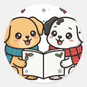 Sticker Rond Chien de Noël chantant des cantiques