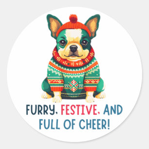 Sticker Rond Chien de Noël Chaud et Fuzzy