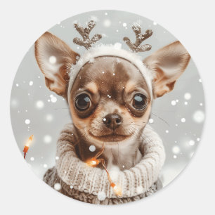 Sticker Rond Chien de Noël Chihuahua Reindeer