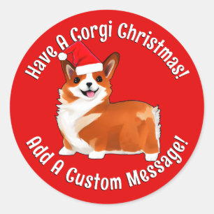 Sticker Rond Chien de Noël Corgi avec chapeau de Père Noël