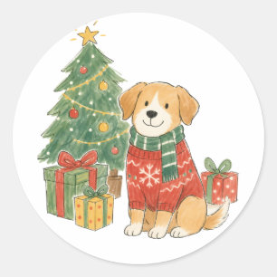 Sticker Rond Chien de Noël en pull avec sapin de Noël