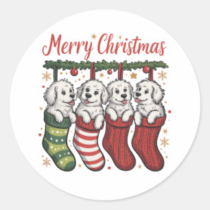 Sticker Rond Chien de Noël Mignons chiots dans des chaussettes