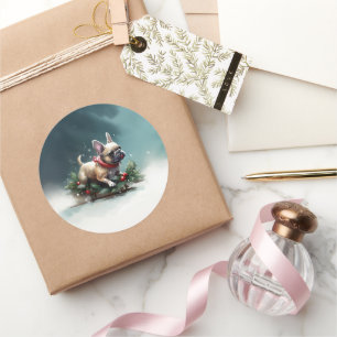 Sticker Rond Chien de Noël neige hiver