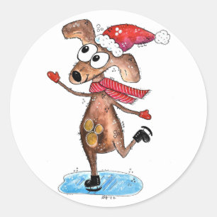 Sticker Rond Chien de Noël Whimsical sur patins à glace