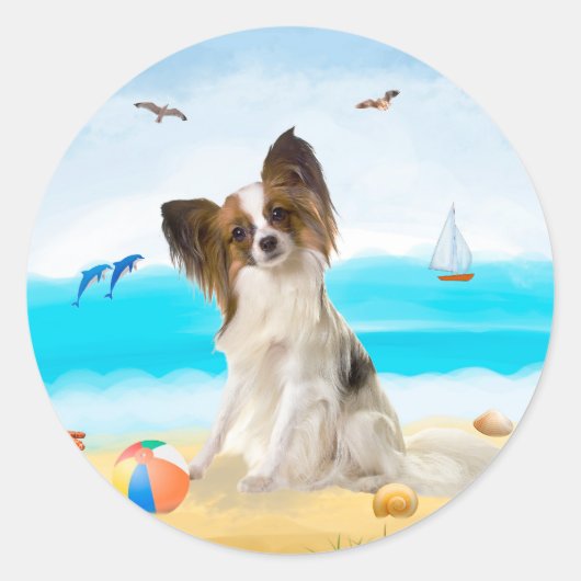 Sticker Rond Chien de Papillon sur la plage (Devant)