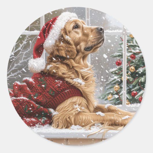 Sticker Rond Chien de Père Noël de Noël Golden Retriever (Devant)