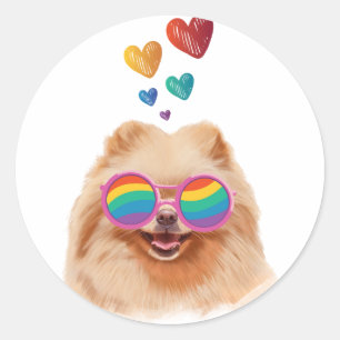 Sticker Rond Chien de Poméranie avec Coeurs Saint Valentin