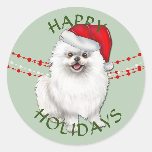 Sticker Rond Chien de Poméranie Blanche Santa Hat Joyeuses Fête (Devant)