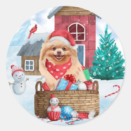 Sticker Rond Chien de Poméranie dans la neige Maison de Chien d (Devant)