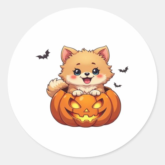 Sticker Rond Chien de Poméranie Happy Halloween citrouille Clas (Devant)
