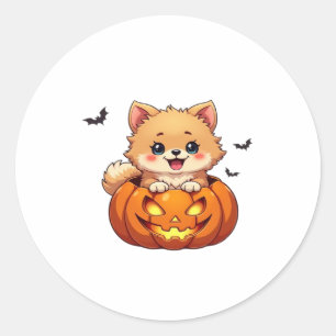 Sticker Rond Chien de Poméranie Happy Halloween citrouille Clas