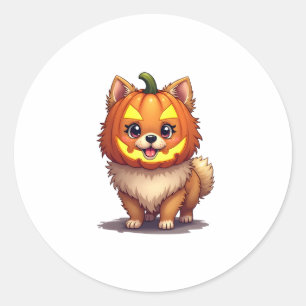 Sticker Rond Chien de Poméranie, Masque citrouille