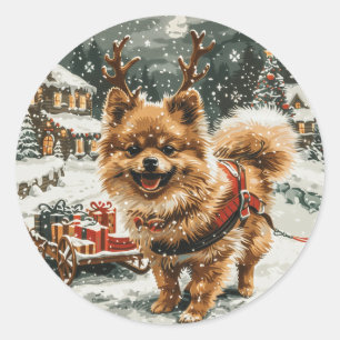 Sticker Rond Chien de rennes de Noël de Poméranie
