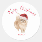Sticker Rond Chien de Santa Hat Pomeranian Joyeux Noël (Devant)