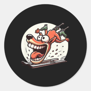 Sticker Rond Chien de ski fou dessin animé descente humour d'hi