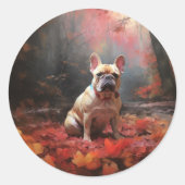 Sticker Rond Chien de taureau français en automne Leaves automn (Devant)
