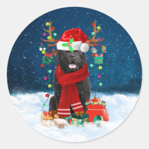 Sticker Rond Chien de Terre-Neuve avec cadeaux de Noël