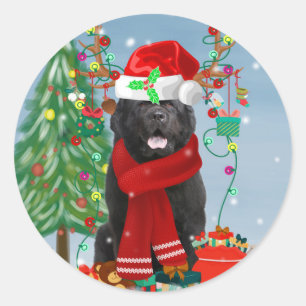 Sticker Rond Chien de Terre-Neuve avec cadeaux de Noël
